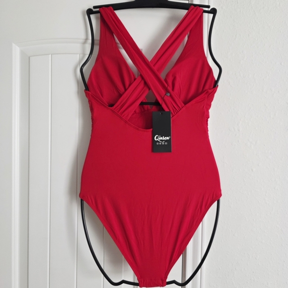 QINSEN Sexy V Neck One Piece Bathing Suit Cross Back High Waist Medium - Picture 7 of 10